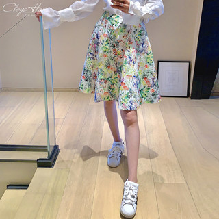 Cloyehou2022春夏新款百搭印花A字裙短裙显瘦显高伞裙高腰半身裙
