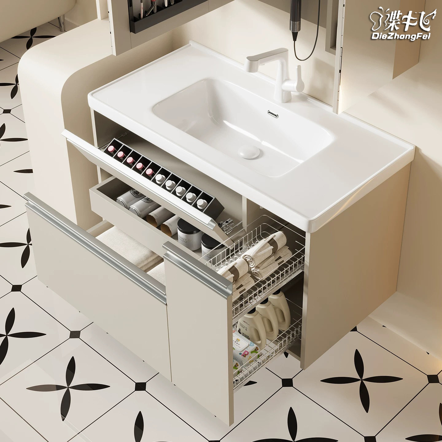 新款日式陶瓷一体盆多功能拉篮智能镜柜浴室柜组合洗手洗脸台盆柜