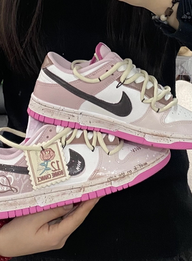 球鞋定制 Nike/耐克 Dunk 心动回响做旧爱心玫瑰英文涂鸦女子板鞋
