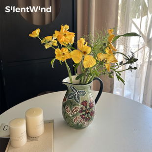 SilentWind复古绿手绘陶瓷花瓶高级感美式 田园餐桌插花客厅摆件