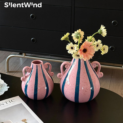 复古粉蓝双耳小花器摆件陶瓷