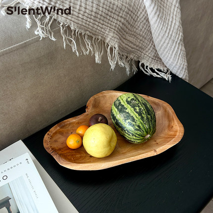 SilentWind寂风手工雕刻实木果盘客厅茶几家用茶杯盘香薰蜡烛托盘