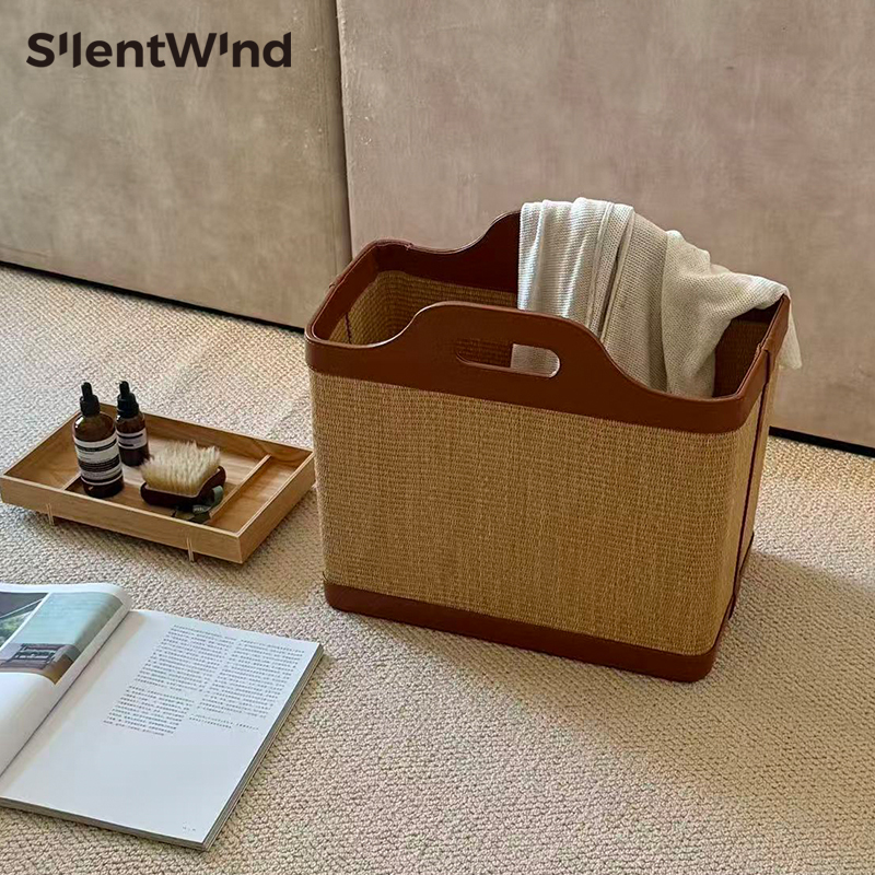 中古草编拼皮革收纳篮脏衣篓