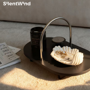 SilentWind寂风高级感不锈钢提手装 饰托盘摆件实木椭圆香薰托盘