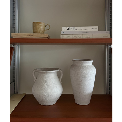 侘寂风粗陶白色花器组合摆件装饰