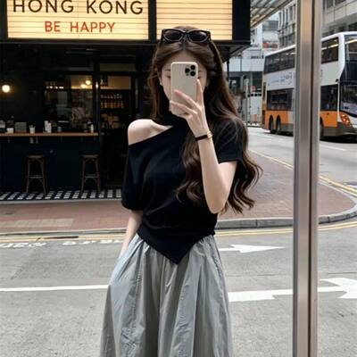韩系不规则斜肩挂颈短袖T