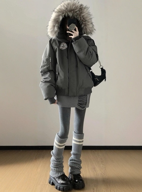 美式复古大毛领羽绒棉服女冬季新款加厚高级感宽松棉衣派克服外套