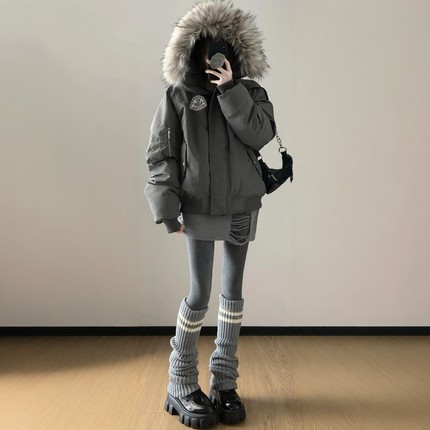 美式复古大毛领羽绒棉服女冬季新款加厚高级感宽松棉衣派克服外套