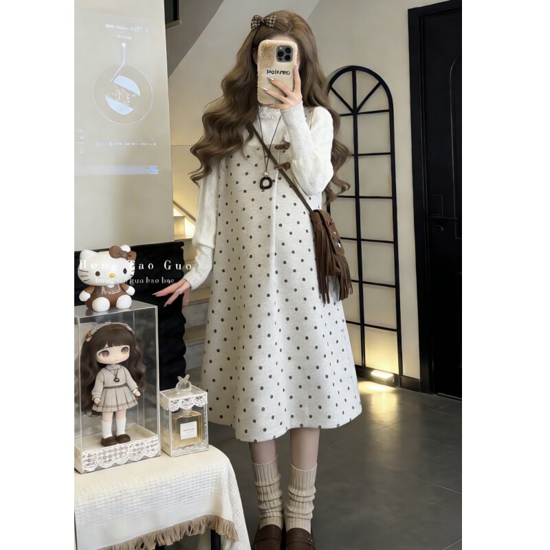 孕妇春秋大码甜美波点两件套