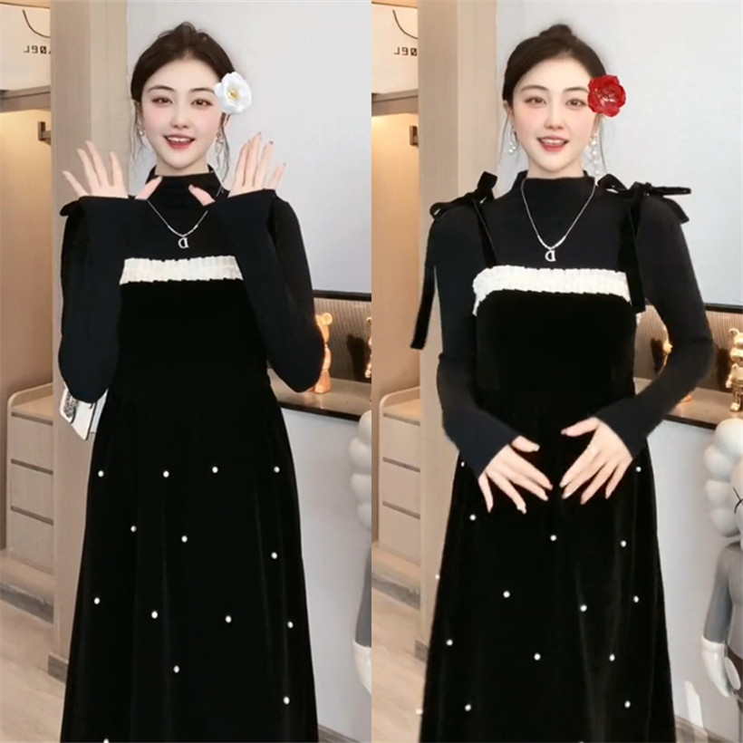 孕妇春季套装长袖半高领上衣中长款丝绒吊带裙2024新款时尚百搭女
