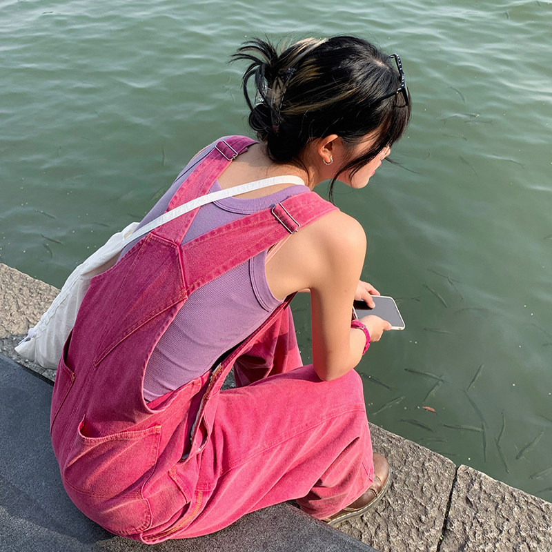 高腰阔腿长裤牛仔背带裤粉色显瘦遮肉女夏大码直筒小个子胖mm宽松