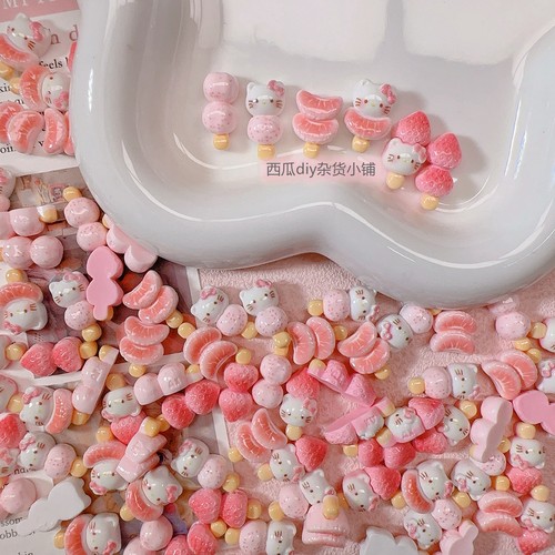 迷你粉草莓猫咪橘子KT串串diy奶油胶树脂配件手工发夹冰箱贴材料