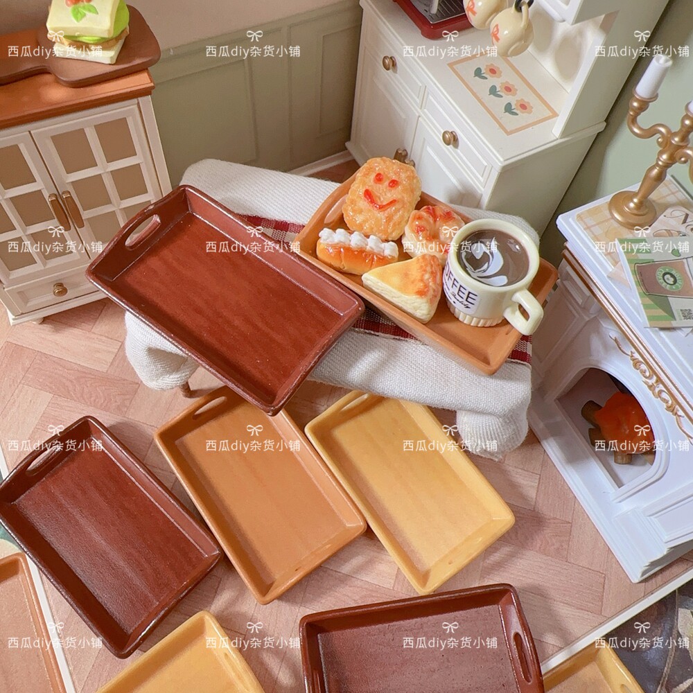 仿真食玩捏捏餐盘仿原木微缩盘子树脂面包盘diy娃屋场景冰箱贴材