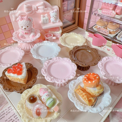 西瓜定制【复古蝴蝶结浮雕高脚盘食玩diy树脂配件娃屋场景甜品台
