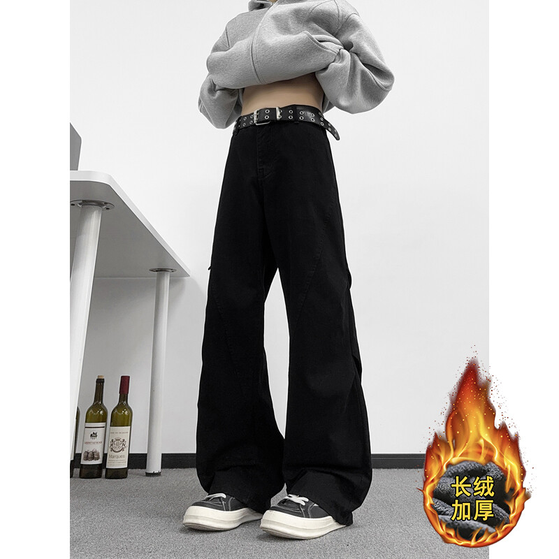 B221 美式ins高街暗黑斜切加绒洗褪工装牛仔裤LK25602-特P60控108