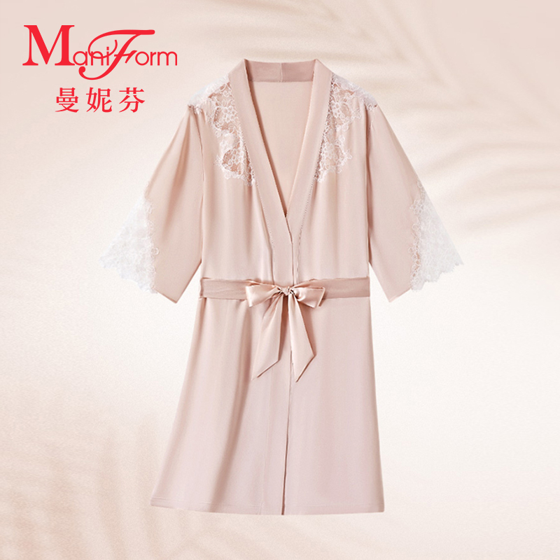 曼妮芬2025春性感蕾丝V领家居服桑蚕丝女七分袖外披睡袍20312017