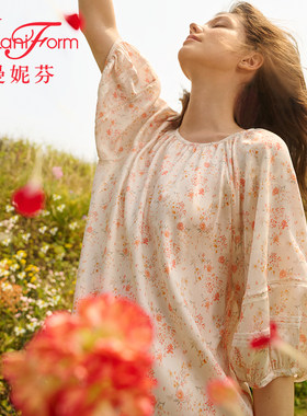 曼妮芬圆领泡泡袖长裤套装