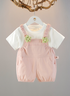 婴儿夏装女宝宝背带裤套装0-1-3岁衣服女童夏季T恤吊带短裤两件套