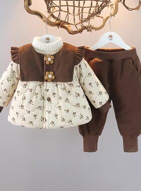女宝宝2024冬季加绒加厚棉服套装