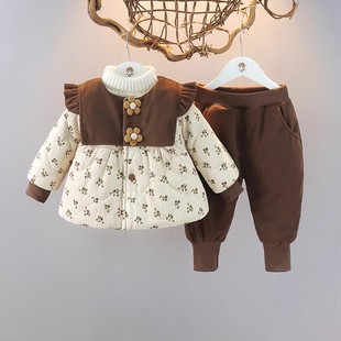 婴儿冬季棉衣女宝宝加绒加厚棉服套装洋气女童冬装棉袄外套两件套