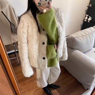 高级感环保仿皮草女冬小个子毛毛外套宽松短款小湖羊立领皮毛一体