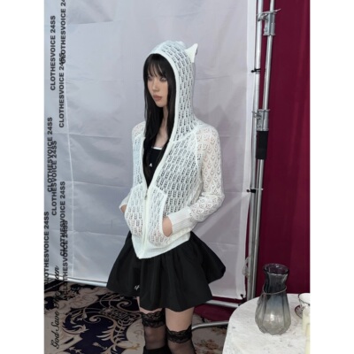 恶魔角连帽镂空针织罩衫开衫外套