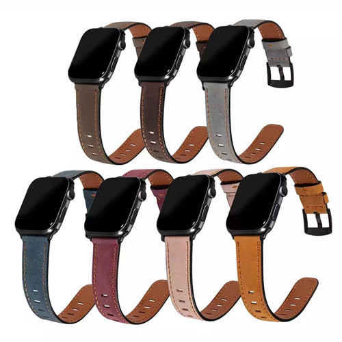 适用苹果iwatch78复古纹真皮表带