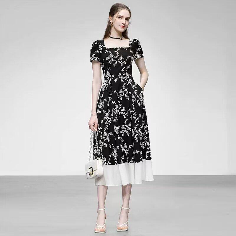 汉服夏季新款时尚法式方领撞色绣花泡泡袖收腰大摆浪漫连衣裙女潮