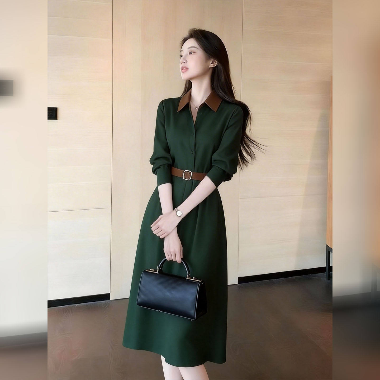 高级感简约绿色衬衫连衣