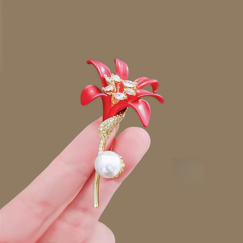 红色百合花朵胸针高档别针