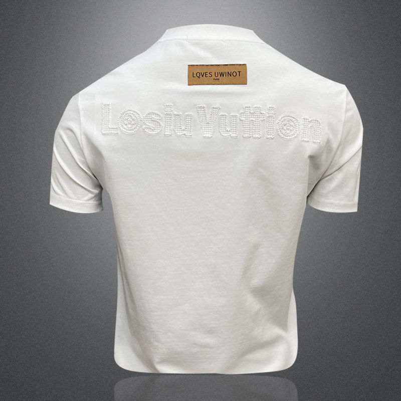 欧式男士丝光棉刺绣T恤夏季短袖圆领纯棉半截袖体恤衫白色棉质潮