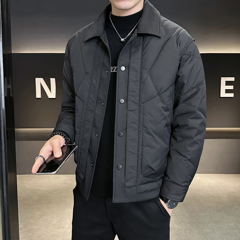 高品质2025冬季翻领羽绒服男士拼接肌理感防寒白鸭绒外套潮流帅气