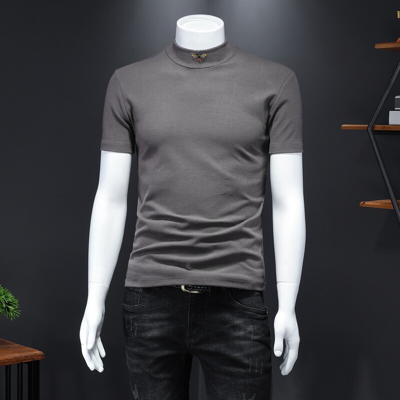 2021 남성용 하프 터틀넥 반팔 티셔츠 잘 생긴 트렌디 브랜드 꿀벌 스팽글 바닥 셔츠 두꺼운면 미드 칼라 티셔츠