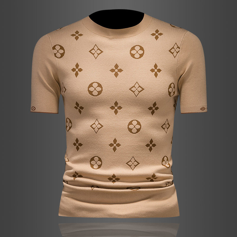 2024冬季新款男士短袖羊毛衫针织衫套头半袖打底衫印花潮流毛衣男