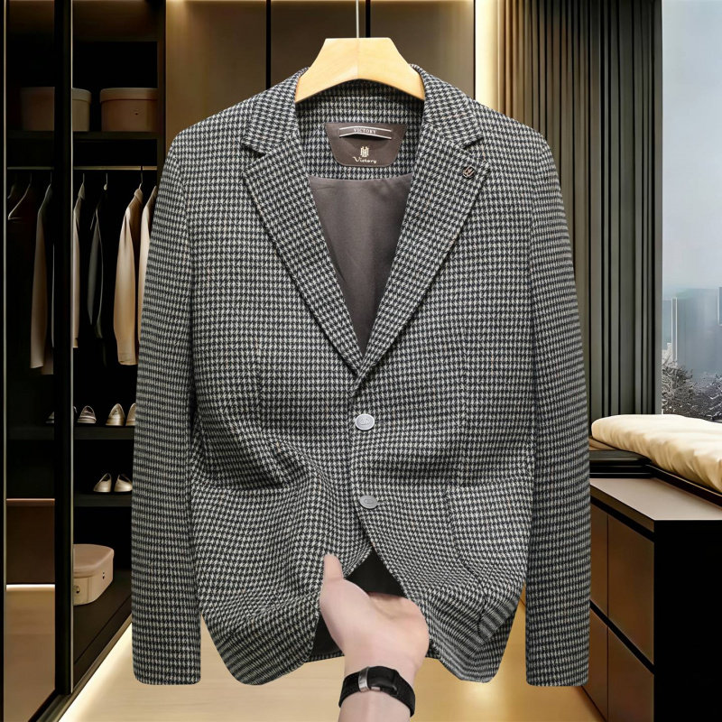 毛呢优雅风男士单排扣修身西装外套格纹高端秋冬季商务西服翻领潮
