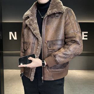 机车上衣 加厚皮毛一体男皮衣外套潮款 欧洲站翻领加绒青年男士 冬季