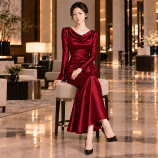 法式荡领名媛千金聚会连衣裙女养生会所轻奢茶艺师晚宴喜妈妈礼服