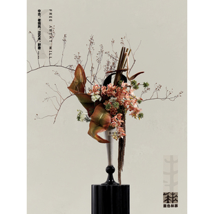 墨色林莽 中古风艺术琉璃花器仿真花干枝 酒店客厅售楼处桌面摆件