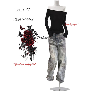 美式 街头宽松烫钻设计感长裤 复古水洗脏染牛仔裤 新款 女秋冬季 大码