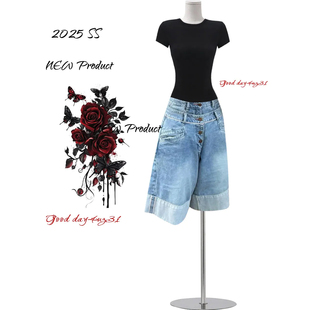 美式 多纽扣设计中裤 复古双腰头拼接阔腿牛仔七分裤 新款 女夏季 大码