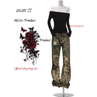 美式 街头穿搭显瘦直筒裤 复古做旧星星印花牛仔裤 新款 女秋冬季 大码