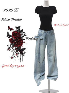 大码美式复古蝴蝶结烫钻牛仔阔腿裤女2026新款高街时尚显瘦直筒裤