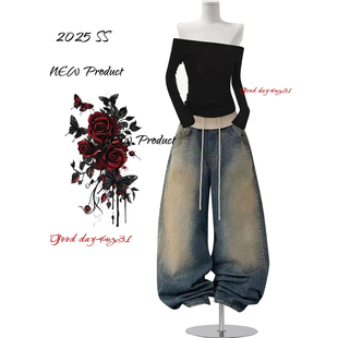 美式 街头宽松系带阔腿长裤 复古腰头拼接牛仔裤 新款 子 女秋冬季 大码