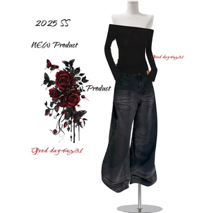 美式 街头反穿设计阔腿裤 复古水洗做旧猫须牛仔裤 新款 女秋冬季 大码