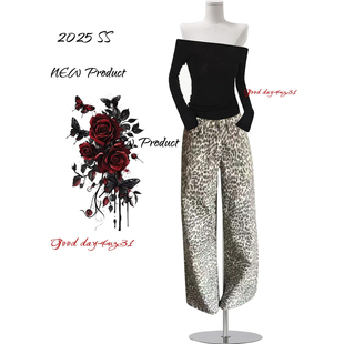 美式 街头百搭宽松显瘦长裤 复古豹纹阔腿牛仔裤 新款 潮 女秋冬季 大码