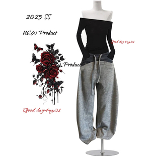 美式 街头抽绳设计感卫裤 复古水洗解构拼接阔腿裤 新款 女秋冬季 大码