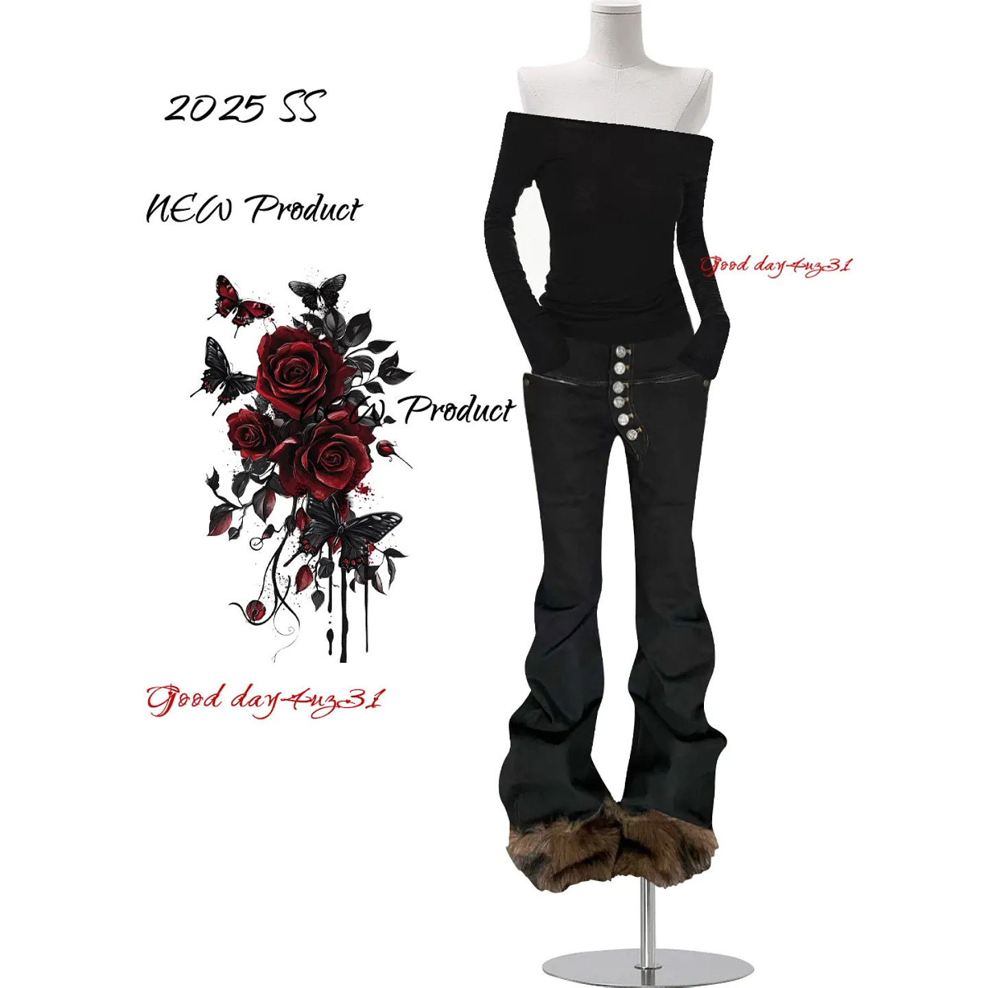 大码美式复古多纽扣微喇牛仔裤