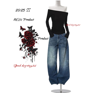 美式 街头宽松显瘦弯刀长裤 复古口袋刺绣牛仔裤 新款 潮 女秋冬季 大码