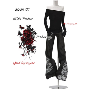 美式 街头设计感弯刀长裤 复古花卉蕾丝拼接牛仔裤 新款 女秋冬季 大码