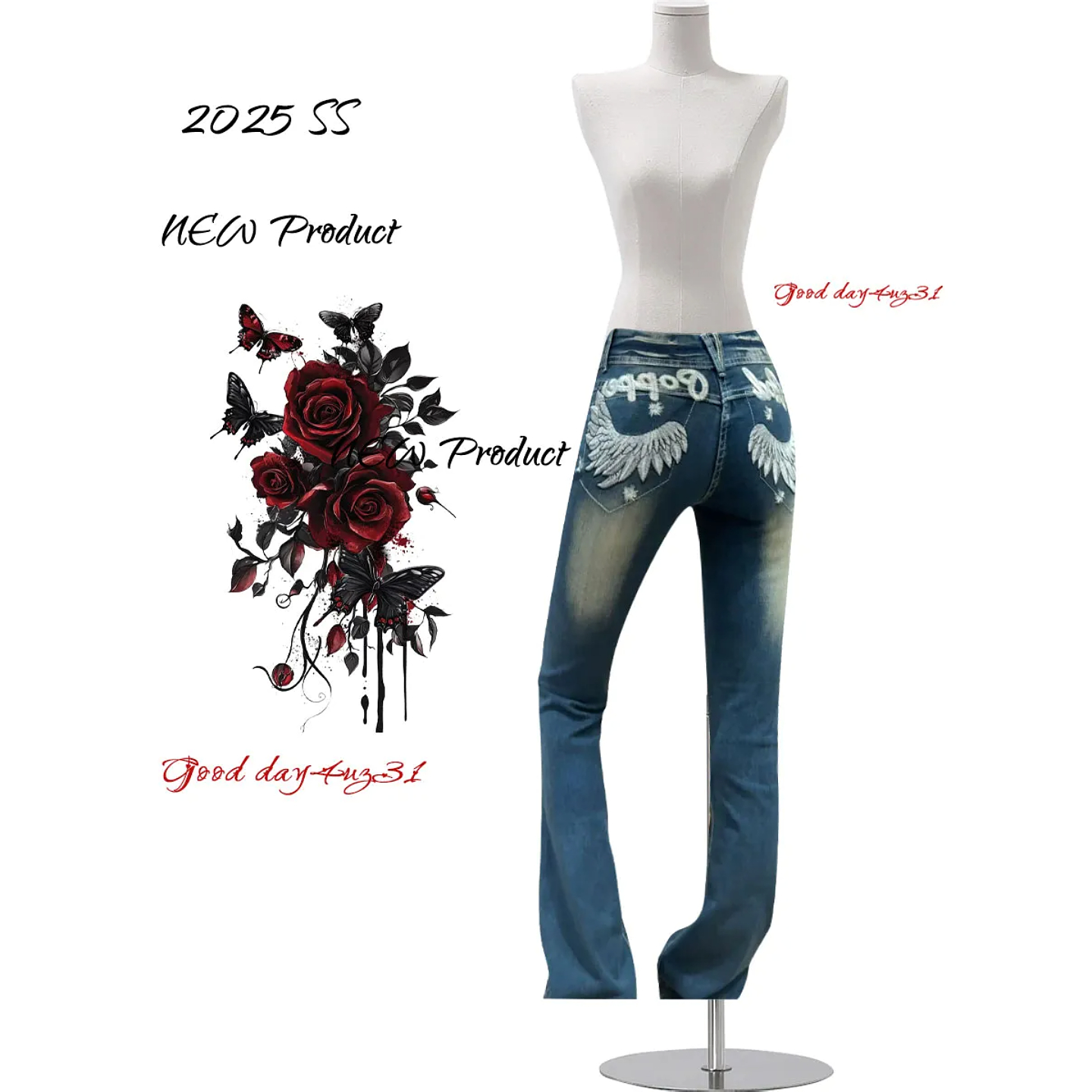 大码美式复古翅膀刺绣牛仔裤